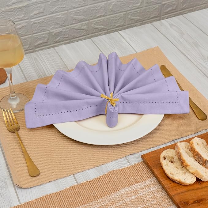 Blue Needles Set of 6 Hemstitch Linen Napkins 100% Cotton Lavender Cloth Dinner Napkins 18x18 inches, Soft, Reusable, Absorbent, Washable, Ideal for Wedding Events, Parties & Everyday Use