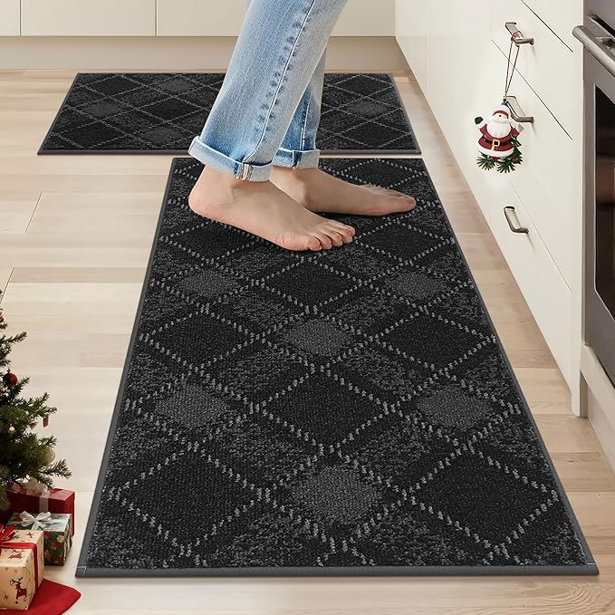 COSY HOMEER Kitchen Rugs and Mats Sets 2PCS Non-Slip Soft Kitchen Mats for Floor Absorbent and Stain Resistant Kitchen Floor Mat Washable Plaid Rugs for Kitchen,20"x32"+20"x48",Dark Grey