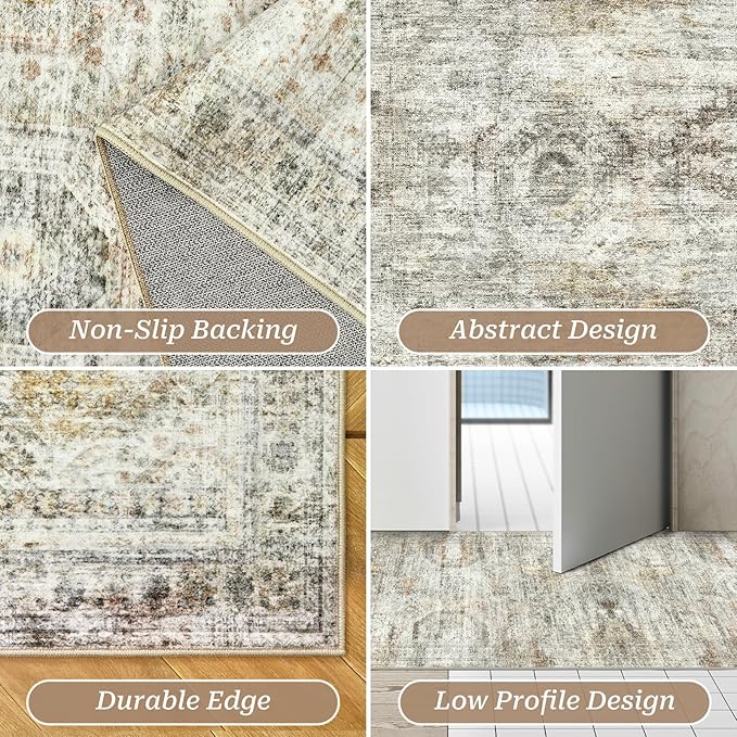 Kitchen Runner Rugs Non Skid Washable - 2.5 x 10 Runner Rug with Anti Slip Backing, Ultra-Thin Soft Rug Runner for Hallway, Bedroom, Living Room (2'x10', Grey/Rust)