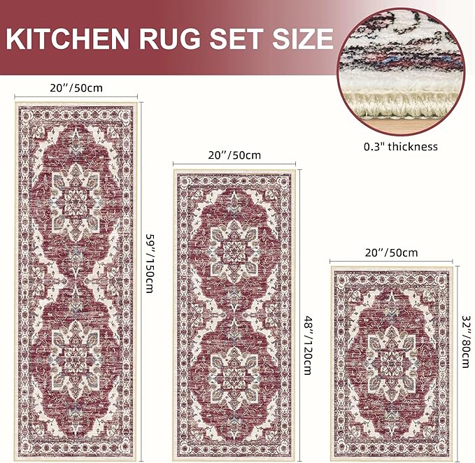 Tritard Non Slip Kitchen Rugs Sets of 3 Washable Kitchen Rug Boho Kitchen Mats for Floor Soft Kitchen Runner Rug Non Skid Kitchen Floor Carpet for Entryway Hallway Laundry Room, Brick Red