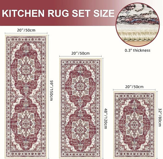 Tritard Non Slip Kitchen Rugs Sets of 3 Washable Kitchen Rug Boho Kitchen Mats for Floor Soft Kitchen Runner Rug Non Skid Kitchen Floor Carpet for Entryway Hallway Laundry Room, Brick Red
