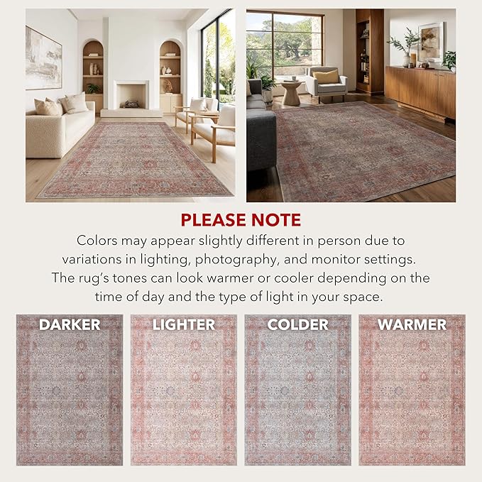Kuden 2'6"x10 Runner Rug, Machine Washable Area Rug with Non-Slip Backing, Vintage Style, Soft, Easy Clean, Low Pile Rug for Hallway, Entryway, Kitchen, Bedroom