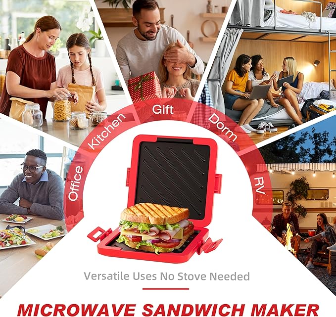 Microwave Grilled Cheese & Breakfast Maker - Fast Cook Waffle, Panini & Sandwich Press (<5 Min), Microwave Cookware, Dishwasher Safe,Easy Clean,2-in-1 Set (Red, 2 in 1)