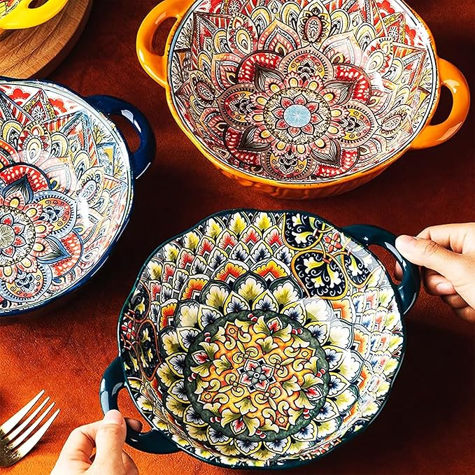 2 Pack Boho Ceramic Serving Bowls with Handles, 40 Oz Porcelain Salad Bowls, Large Serving Dishes for Entertaining, Mixing Bowls for Soup, Stew, Pasta, Cereal, Colorful Embossed Cute Bowls Set BLDS