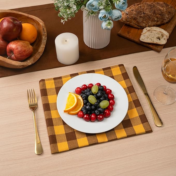 Blue Needles Gingham Buffalo Plaid Cloth Napkins 100% Cotton Set of 12 Dinner Table Napkins 18x18 inch Soft, Reusable, Washable for Wedding Parties & Everyday Use - Golden Yellow & Nut Brown