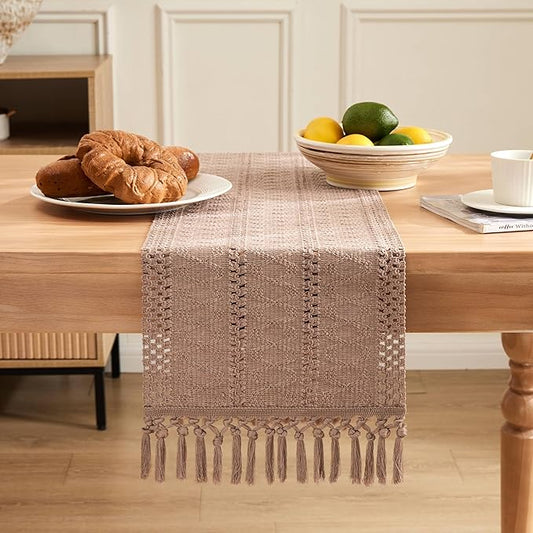 ZeeMart Macrame Style Boho Table Runner, Taupe Table Runners 108 Inches Long, Farmhouse Woven Home Decor, 12x108 Inch, Taupe