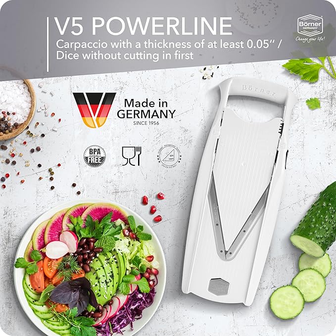 Mandoline Food Slicer Börner V5 (Starter Set) by Reston Lloyd • V-Slicer with Food Holder • Made in Germany • Fruit & Vegetable Chopper • Multiple Settings • Color: White