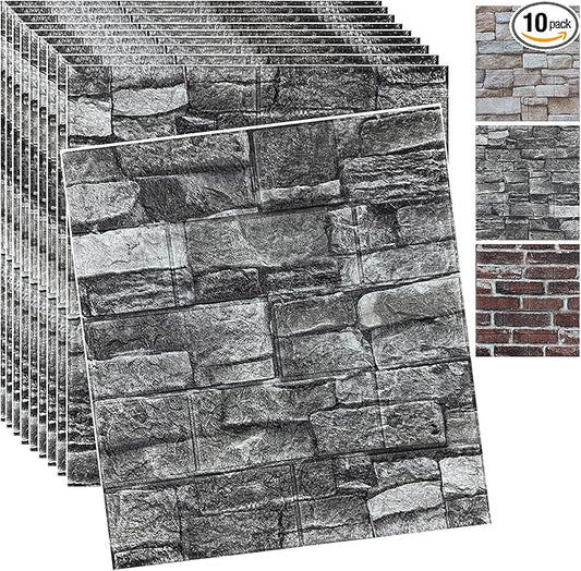 10PCS 3D Wall Panels Peel and Stick 3D Brick Wallpaper Peel and Stick Faux Stone Wall Panel Foam Brick Self-Adhesive Wallpaper (Black,10pcs)