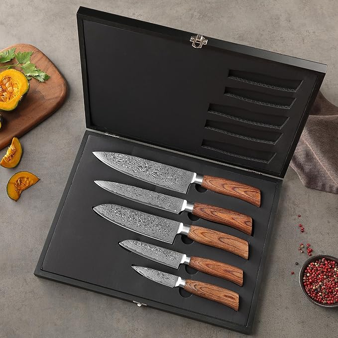 Wakoli EDIB Pro 5-Piece Damascus Knife Set – Professional Chef Knives Set with VG10 Core Blades, 67-Layer Damascus Steel and Ergonomic Pakkawood Handles – Premium Kitchen Knives in Wooden Gift Box