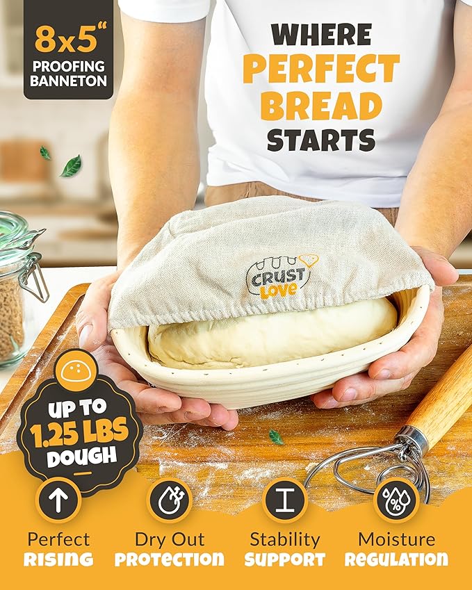 CRUSTLOVE Loaf Pan for Bread Baking - incl. Sourdough Bread-Baking Supplies like Banneton Bread-Proofing Basket - 2QT Enameled Oval Cast Iron Dutch Oven, Bread-Oven, Sour Dough Bread-Banking-Pan Tools