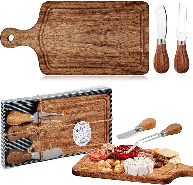 Ziliny 1 Set Bridal Baby Shower Cheese Prizes Wooden Square Board Gift Set Knives Forks Thank You Tags with Box for Guests for Valentines Bridal Baby Shower Housewarming Gifts (Acacia Color)