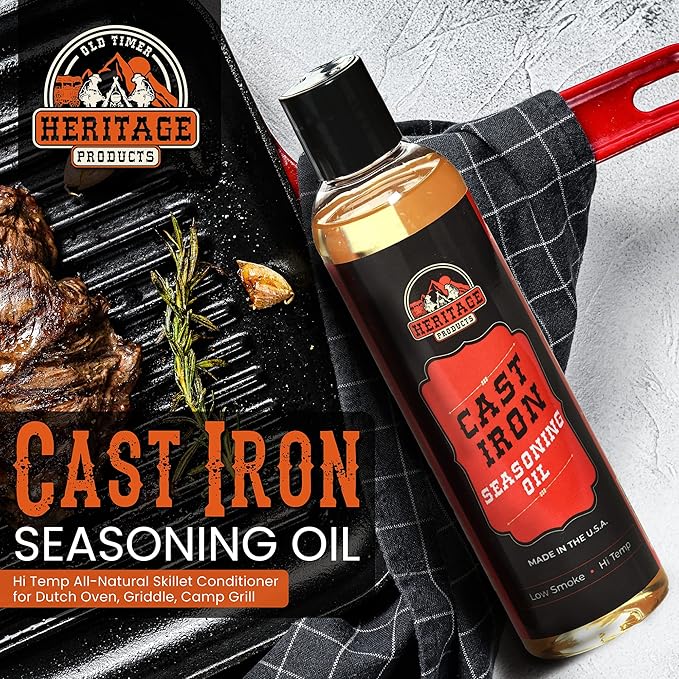 Heritage Products Cast Iron Seasoning Oil - Low-Smoke, Hi Temp All-Natural Skillet Conditioner for Dutch Oven, Griddle, Camp Grill – Cleans, Protects Cast Iron Cookware with Avocado Oil