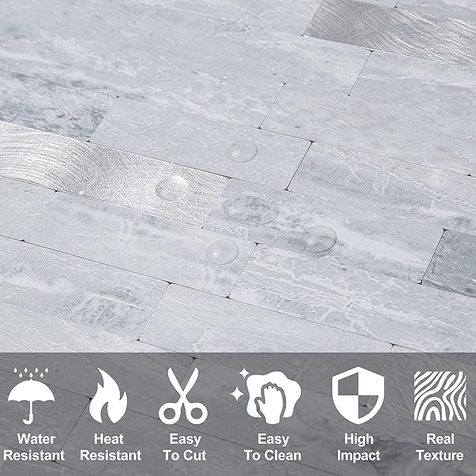 DICOFUN Peel and Stick Backsplash Wall Tiles, 1 Sheet Light Grey Faxu Stone PVC Mixed Metal Kitchen Backsplash Peel and Stick