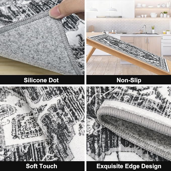 Tritard Non Slip Kitchen Rugs Sets of 3 Washable Kitchen Rug Boho Kitchen Mats for Floor Soft Kitchen Runner Rug Non Skid Kitchen Floor Carpet for Entryway Hallway Laundry Room, Black Grey