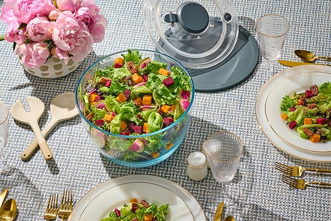Le'raze Glass Salad Spinner with Airtight Lid - BPA-Free - Easy Pump Lettuce Spinner Washer | Fruit Washing Bowl with Strainer | Vegetable Cleaner | Large Capacity Borosilicate Glass, 6.22 Quart