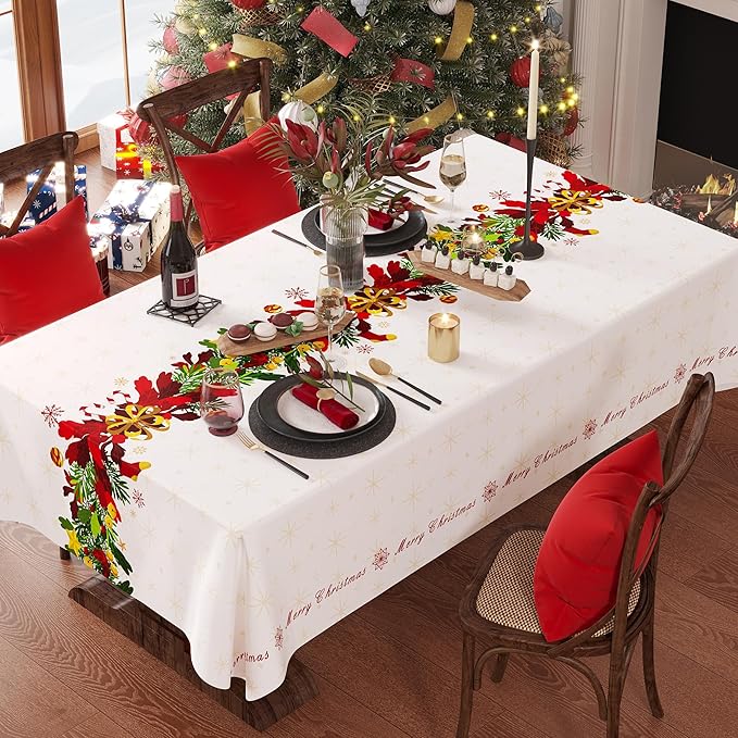 Christmas Rectangle Table Cloth,100% Waterproof Tablecloth,Christmas Decorations for Home, Vinyl Tablecloth Plastic Table Cover for Party，Picnic,Dining,Outdoor 54" x 84",Frosted Wreath