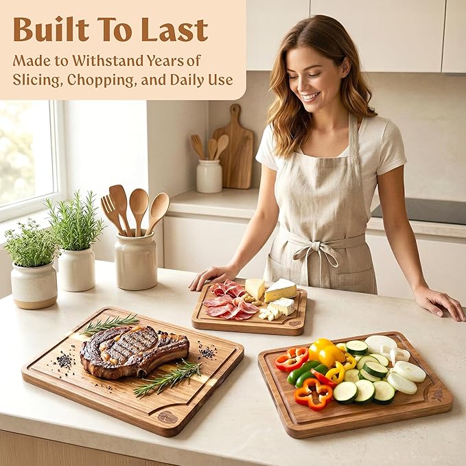 Non Toxic Cutting Boards for Kitchen - Beeswax Finished Acacia Wood Chopping Board Set of 3 (15.7x12,13x9.4,10x7 in) (Acacia Wood, 3 Pack Beeswax Finish - without Stand)