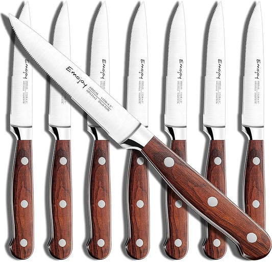 Emojoy Steak Knives, Steak Knife Set of 8, Highly Resistant and Durable German Stainless Steel Serrated Steak Knives with Gift Box