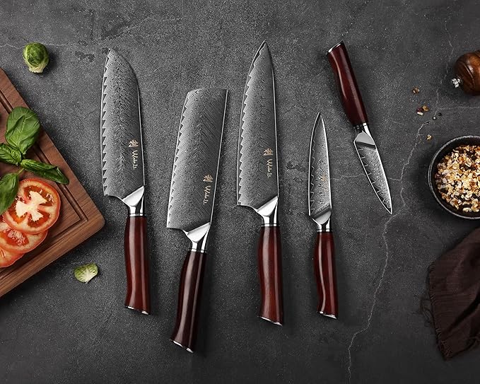 Wakoli Rose Elegance Knife Block Set – 5-Piece Professional Damascus Kitchen Knife Set with Magnetic Block – 67-Layer Damascus Steel with VG10 Core, Ergonomic Rosewood Handles in Gift Box