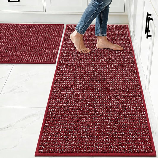 JSEI Kitchen Rugs and Mats, 2PCS Non-Slip Kitchen Mats for Floor, Machine Washable Absorbent and Stain Resistant Kitchen Runner, Carpet Mats with TPR Backing for, 24''x36''+24''x60'', Red