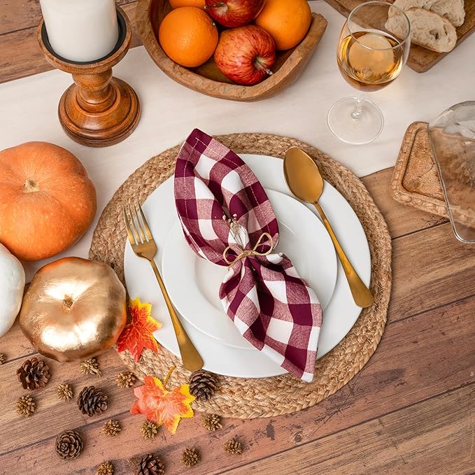 Blue Needles Gingham Buffalo Plaid Cloth Napkins 100% Cotton Set of 12 Dinner Table Napkins 18x18 inch Soft, Reusable, Washable, Ideal for Wedding Parties Everyday Use - Burgundy & Halfwhite