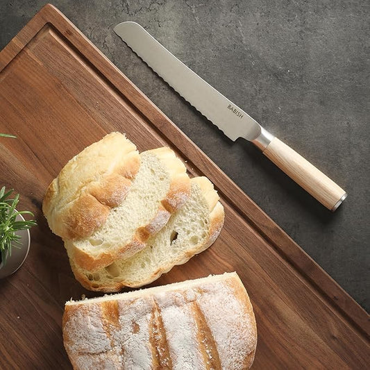 Babish 8-Inch Bread Knife – High-Carbon 1.4116 German Steel Serrated Knife with Light Pakka Wood Handle, Full-Tang Razor Sharp Kitchen Knife for Slicing Bread, Crusting & Artisan Loaves
