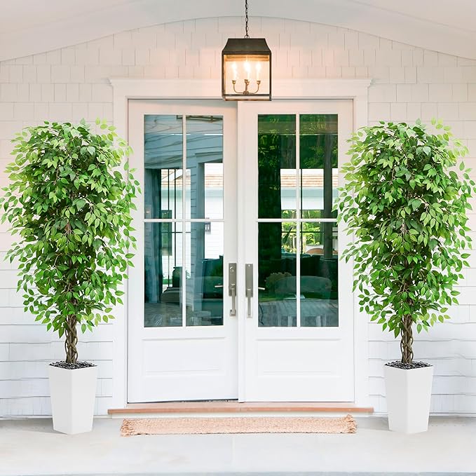 Artificial Ficus Tree 6FT Faux Plants Indoor Tall Fake Plants with White Planter, Green Lifelike Lush Fake Ficus Tree for Home Living Room Bedroom Outdoor Balcony House Office Decor