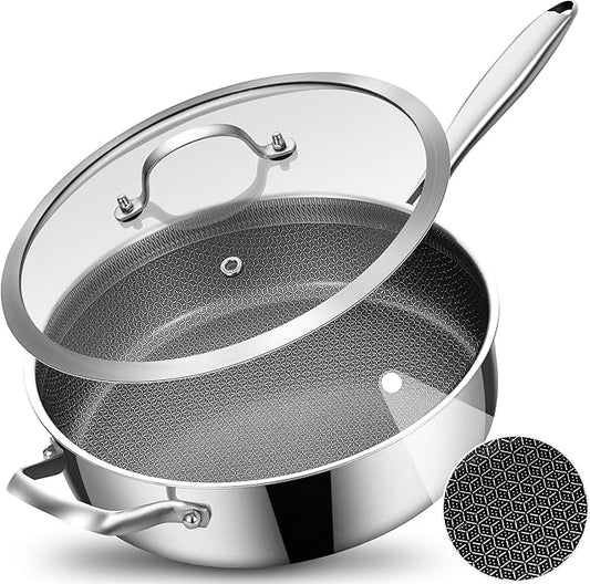 LOLYKITCH 5 QT Hybrid Ceramic Coating Non Stick Tri-Ply Stainless Steel Sauté Pan with Lid, 12 Inch Deep Frying Pan PFOA & PFOS Free,Induction Cooking Pan, Dishwasher and Oven Safe