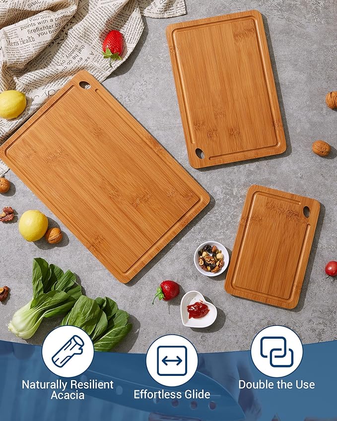 Garvee Bamboo Cutting Board Set of 3, Multi-Sizes Kitchen Cutting Boards with Deep Juice Grooves & Built-in Handle, Wooden Chopping Boards for Charcuterie, Vegetables & Fruit