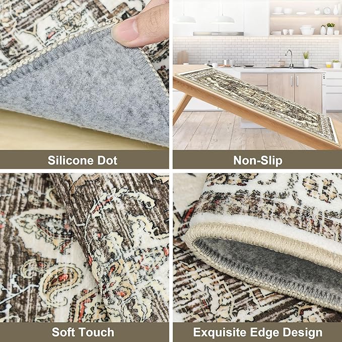 Tritard Non Slip Kitchen Rugs Sets of 3 Washable Kitchen Rug Boho Kitchen Mats for Floor Soft Kitchen Runner Rug Non Skid Kitchen Floor Carpet for Entryway Hallway Laundry Room,Beige Brown