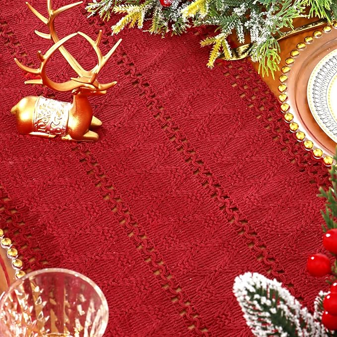 Alynsehom Macrame Table Runner Christmas Red Boho Table Runners with Tassels Hand Woven Cotton Table Runner Rustic Farmhouse Table Runners for Xmas Kitchen Dining Table(12x71in)