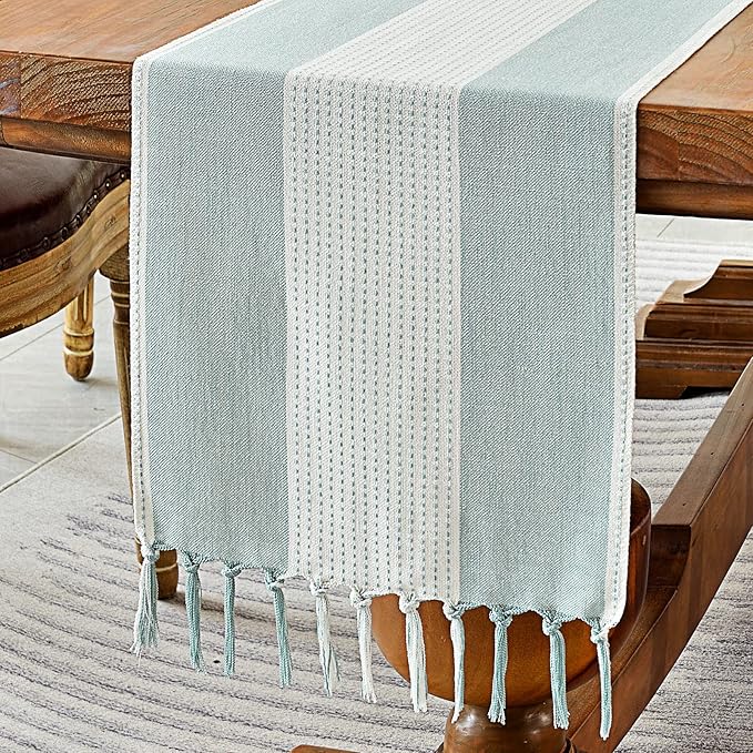 Wracra Linen Table Runner, Farmhouse Macrame Table Runners 72 Inches Long for Dining Table Decor, Wedding, Party and Dresser Decor (Aqua Blue,72")
