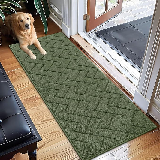 hicorfe Dirt Trapper Indoor Doormat,20"x59" Welcome Door mat,Non Slip Backing Washable Door Mats,Absorbent and Resistant Low-Profile Entrance Inside Floor Mat for Front Back Door,Entryway (Green)