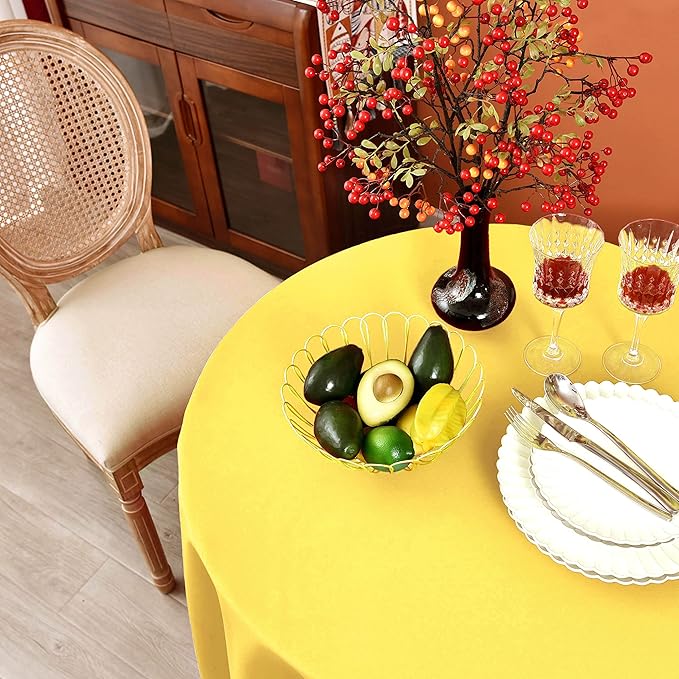 MEANMOY Yellow 210 GSM Water & Stain Resistant Round Tablecloth for Circle Table - Solid 108 Inch Table Cloth Cover in Wrinkle Free Durable Washable Polyester Fabric for Wedding, Party, Banquet
