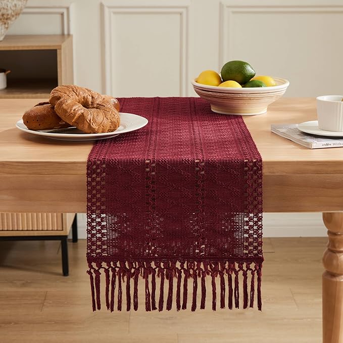 ZeeMart Macrame Style Boho Table Runner, Burgundy Red Table Runners 60 Inches Long, Farmhouse Woven Home Decor, 12x60 Inch, Burgundy