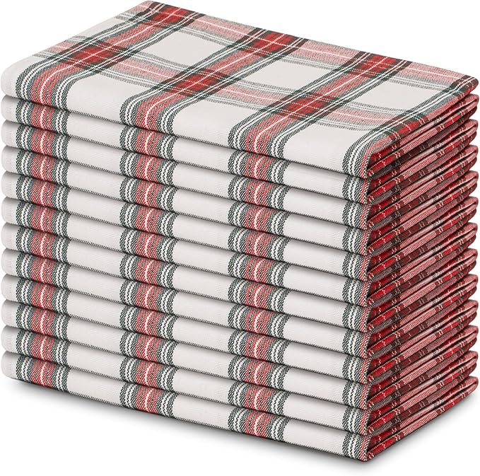 Blue Needles Gingham Buffalo Plaid Cloth Napkins 100% Cotton Set of 12 Dinner Table Christmas Napkins 18x18 inch Soft, Reusable & Washable Perfect for Parties & Everyday Use - Christmas White Red
