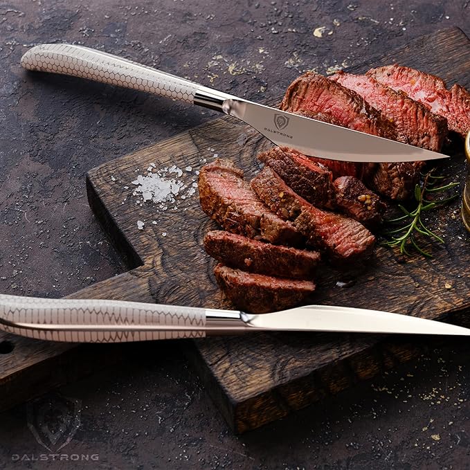 Dalstrong Steak Knife Set - 4 Piece - 4.5 inch Serrated Blade - Frost Fire Series - High Chromium Steel Kitchen Knife- Frosted Sandblast - White Honeycomb Handle - NSF Certified