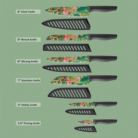 Marco Almond Knife Set Artistic Designed Pattern Kitchen Knife 6 Stainless Steel Kitchen Knives w 6 Blade Guards, Dishwasher Safe Knives for Family Kitchen Knives Set for Chefs