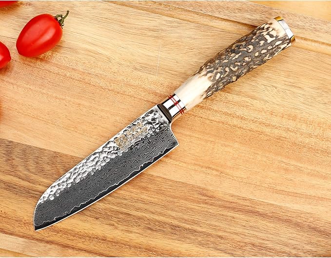 SUNLONG Santoku Knives 5 inch Japanese Hammered Damascus Natural Antlers Handle