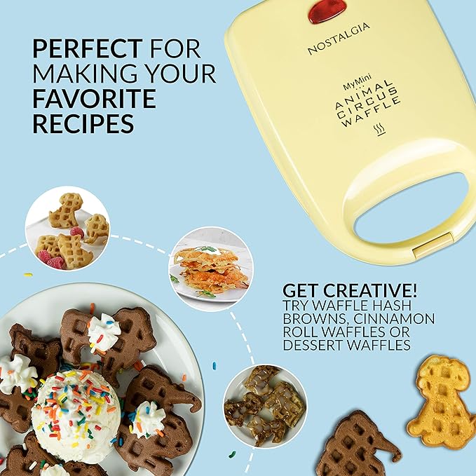 Nostalgia MyMini Personal Electric Animal Circus Waffle Maker, Waffle Iron makes Cat, Dog, Elephant, Lion, Yellow