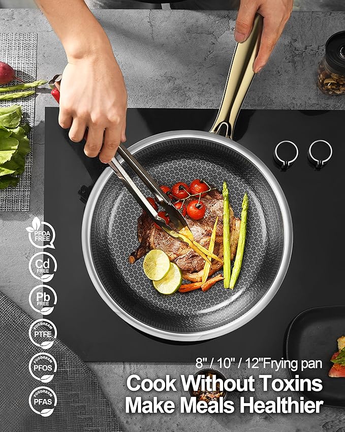 Fogdream 8"10"12" Non Stick Frying Pans Set, Stainless Steel Skillet with Lid, Tri-Ply Stainless Steel for All Cooktops, Dishwasher and Oven-Safe Cooking Pan, Stay-Cool Handle, Gold
