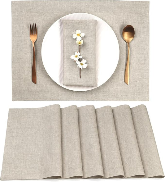 D'Moksha Homes Linen Natural Placemats Set of 6-100% Pure Linen Placemats 14 x 19 Inch for Valentines, Spring, Easter - Handcrafted and Machine Washable