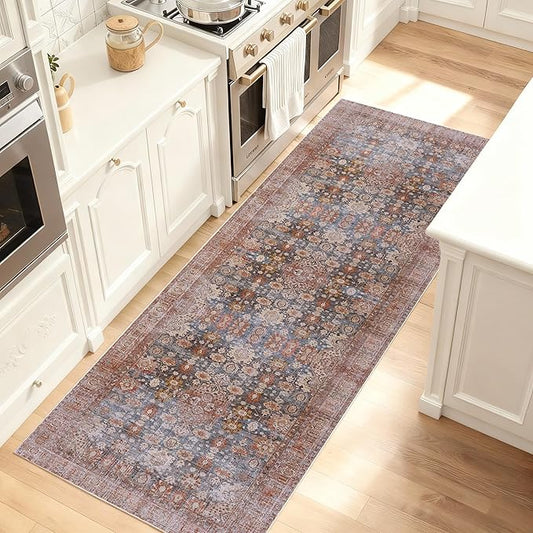Kuden 2'6"x7' Runner Rug, Machine Washable Area Rug with Non-Slip Backing, Vintage Style, Soft, Easy Clean, Low Pile Rug for Hallway, Entryway, Kitchen, Bedroom