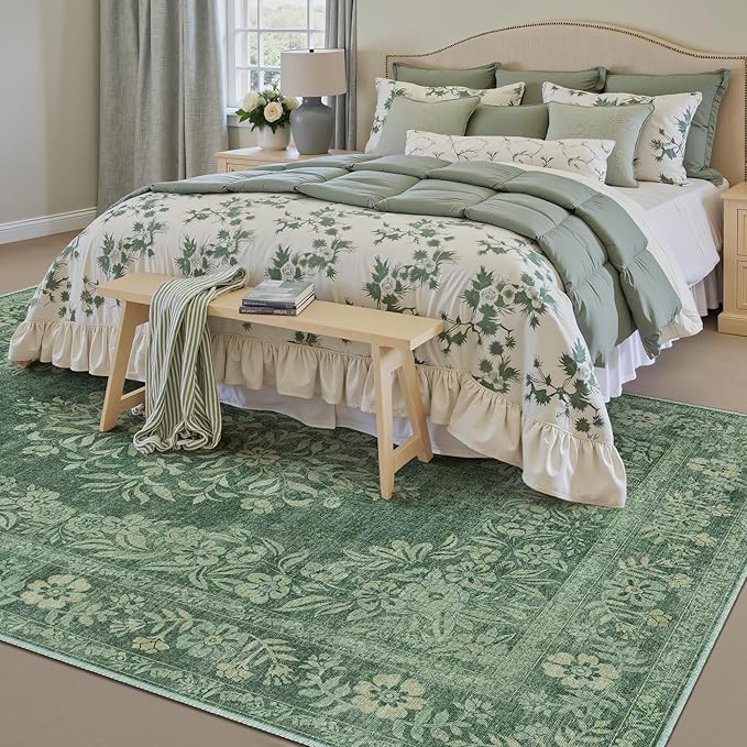 4x6 Area Rug Green Washable Office Vintage Distressed Carpet Bedroom Indoor Medallion Floral Living Room Non Slip Retro Throw Floor Mat for Dining Room Kitchen Bathroom