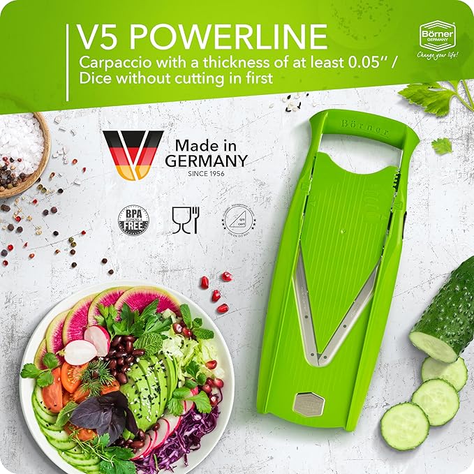 Mandoline Food Slicer Börner V5 (Starter Set) by Reston Lloyd • V-Slicer with Food Holder • Made in Germany • Fruit & Vegetable Chopper • Multiple Settings • Color: Lime