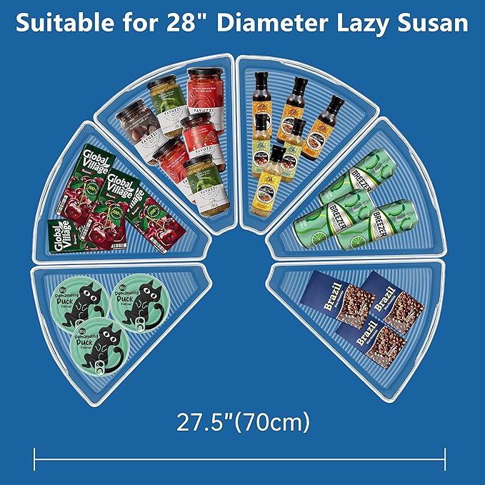 Lazy Susan Organizer Bins for 28"-29" Diameter Corner Cabinet Lazy Susan, 6 Pack, Clear Plastic Cabinet and Pantry Storage Bin, 1/8 Wedge-Food Safe, BPA Free