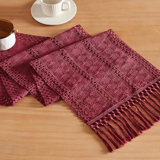 ZeeMart Macrame Style Boho Table Runner, Burgundy Red Table Runners 60 Inches Long, Farmhouse Woven Home Decor, 12x60 Inch, Burgundy