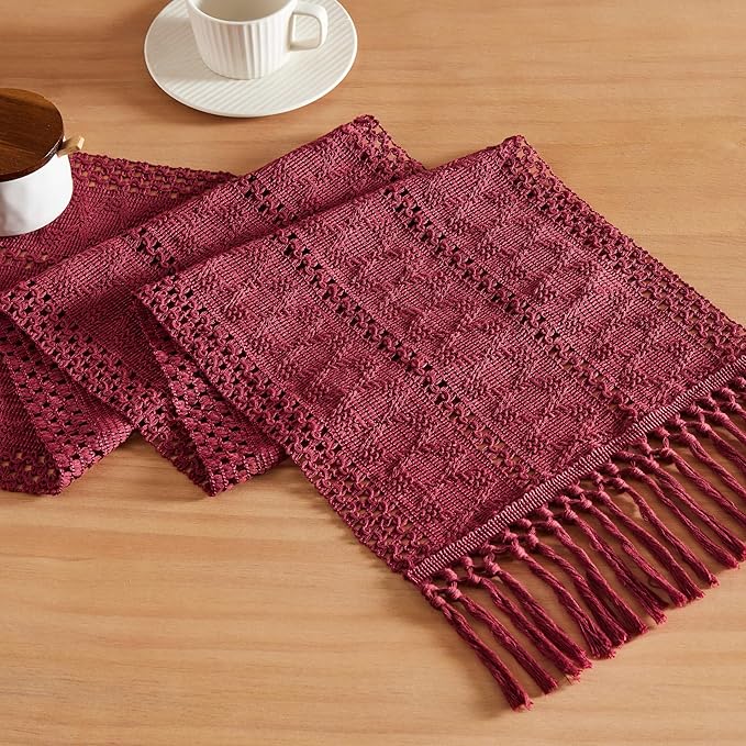 ZeeMart Macrame Style Boho Table Runner, Burgundy Red Table Runners 48 Inches Long, Farmhouse Woven Home Decor, 12x48 Inch, Burgundy