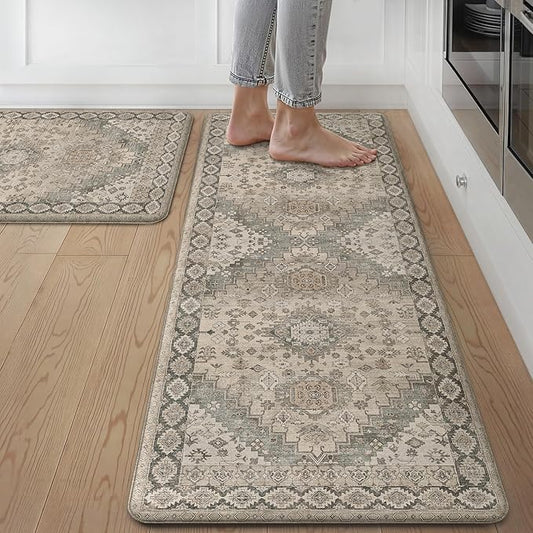 GENIMO Kitchen Mats for Floor, 2PCS Kitchen Rugs Non Slip Washable, Waterproof Anti Fatigue Mat, Comfort Standing Runner Rug for Sink, Office, Laundry, Home, 17.3"x47"+17.3"x30", Brown
