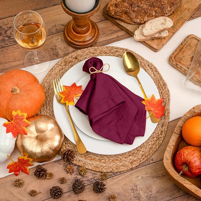 Blue Needles Set of 12 Hemstitch Linen Napkins 100% Cotton Burgundy Cloth Dinner Napkins 18x18 inches, Soft, Reusable, Absorbent, Washable, Ideal for Wedding Events, Parties & Everyday Use